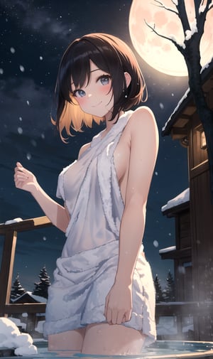 winter scenery,It's snowing,masterpiece, best quality, bathing, soak in an open-air bath , dynamic angle, Beautiful night sky, Cover your body with a towel.night with lights whith richly layeclouds clouded moon in the sky, moon night ,Anime, Absurd, Masterpiece, Super Detailed, Best Quality, Professional Lighting, Hyper Detail, Sharp Detail, (Light Transmission),8k, super fine illustration 1 girl, very beautiful, clean white skin, big beautiful eyes, 18years old, bob cut,dark red hair, break,shyly smiling:1.1