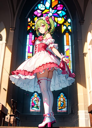 One girl, very pretty, 17 years old, big beautiful red eyes, focus on eyes, break,dark room, church, stained glass, light shining through, cross, candle,break, (pink Lolita fashion:1.2), white thick-soled boots, Chartreuse Green hair, twin tails, red eye shadow,break,Anime, Absurd, Masterpiece, Super Detailed, Best Quality, Professional Lighting, Hyper Detail, Sharp Detail, (Light Transmission), (Spectacular Panorama View: 1.3)