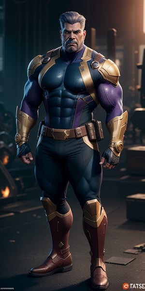 A hyper muscular rough stronger old Indian, aged 60, wearing a executive suit and tie made with Kevlar and latex fabric morphs into Thanos-inspired uniform, male focus, bara, gear, belt, ultra detailed eyes, jacket, gauntlets, boots, tight shirt, thick thighs, big pecs, abs, amazing physique, shoulders, arms, biceps, legs, trending on Artstation,standing at camera, looking at viewer, 4K, HD, masterpiece, unreal engine, octane render, intricate details, intricate scenery, full-body_portrait