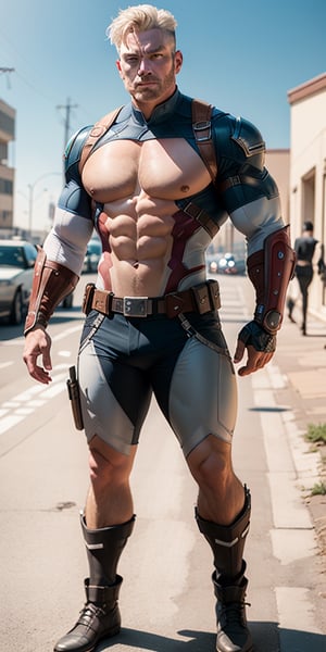 A hyper muscular rough stronger Kenneth Branagh , aged 40, wearing a executive suit and tie made with latex fabric morphs into armored combat captain America-inspired uniform, male hero, bara, belt, ultra detailed, jacket, gauntlets, boots, tight shirt, thick thighs, big pecs, abs, amazing physique, shoulders, arms, biceps, legs, trending on Artstation,standing at camera, looking at viewer, 4K, HD, masterpiece, unreal engine, octane render, intricate details, intricate scenery, portrait