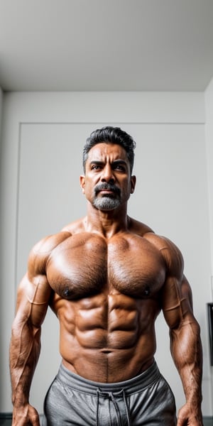 A hyper pumped muscular old indian, aged 40, detailed skin, model fitness icon, in a worn ((boss of League of Legends)),  (steel metal [rust]), elegant, ((wearing a executive suit, tight shirt, open jacket)), erotic, exuding sexual energy, homoerotic, brownish-yellow skin,  American male,  Sweat all over the body,  Nasolabial folds, angrier expression,  evil look,  Oily skin reflexes,  big eyebrows,  big waist round,  tan skin, thick mustache, big pectorals,  grey hair,  big arms, (big pecs:1.5) , beefcake, under trimmed stubble, abs, biceps,  shoulders,  thick thighs,  huge quads,  original character, Bara, portrait,  virile,  meticulous muscle definition,  overexposure,  picturesque,  photography,  modelshoot, post-processing,  photorealistic portrayal,  8K quality , 32k uhd,  best quality,  natural volumetric lighting and best shadows,  deep depth of field,  sharp focus,  masterpiece,  super detail,  high details, unreal engine, octane render, photo by Annie Leibovitz, intricate scenery, cinematic, film, studio lightning, bokeh, sharp features,