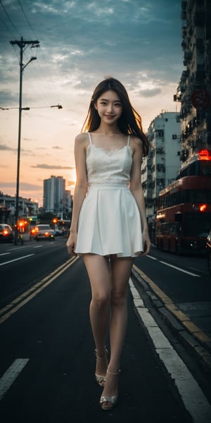35mm photograph, film, bokeh, professional, (8k), RAW photo, best quality, ultra-detailed, (high detailed skin:1.2), highly detailed,1girl, party dress, pantyhose, high heels, kpop idol makeup, (closed smile:1.2), natural skin texture, realistic pores skin, (aesthetics and atmosphere:1.2), street, sunset, (incredible sky:1.2) Full body, summer, HongKong, ,Hongkong street, y2k