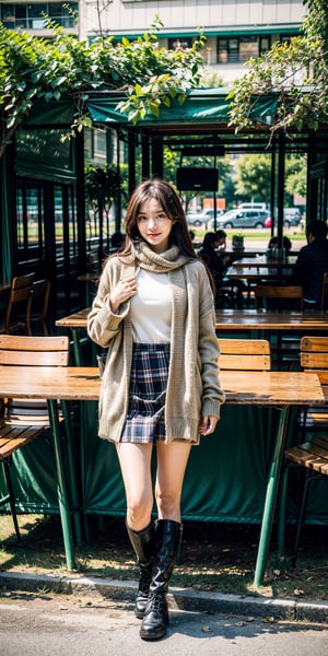 best quality, masterpiece, (photorealistic:1.4), 1girl, messy_hair, wind, expensive clothes, cold, scarf, skirts,outdoor, table, chairs, cross leg, full body, boot, (happy:0.88), 