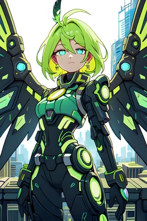 A vibrant, futuristic solarpunk harpy, ((enigmatic eyes)), neon-colored eyes, her wings adorned with intricate circuitry and glowing solar panels, perches atop a decaying skyscraper. The digital painting captures all the details of his metallic feathers, which contrast with the crumbling cityscape. The artist's skill is evident in the realistic textures and vibrant colors, which draw the viewer into this post-apocalyptic world.