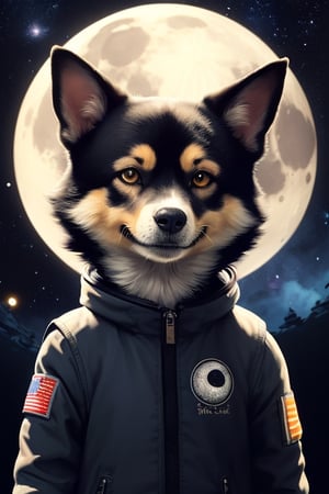 solo, 1boy, yellow eyes, upper body, weapon, male focus, sky, animal, moon, star \(sky\), full moon, starry sky, dog, space, planet, weapon on back, shiba inu