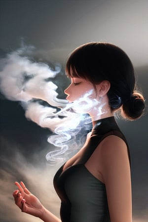 "The smoking dress". A young woman wears a dress that seems to absorb smoke, until her silhouette becomes indistinguishable and only her facial features remain. The smoke moves with the rhythm of her body and creates a sense of mystery, as if she were a magical being that slowly disappears.
