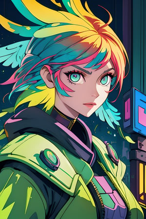 A vibrant and futuristic solarpunk harpy, enigmatic eyes, her wings adorned with intricate circuitry and glowing solar panels, perches atop a decaying skyscraper. The digital painting captures every detail of her metallic feathers and neon-colored eyes, contrasting against the crumbling cityscape below. The artist's skill is evident in the lifelike textures and vibrant colors, drawing the viewer into this post-apocalyptic world.