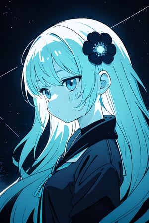 a beautiful girl with blue flowers on her face,  in the style of monochromatic paintings,  dark sky-blue and dark navy,  dark sky-blue and dark white,  multilayered realism,  luminous shadowing,  anime-inspired,  elegant outlines