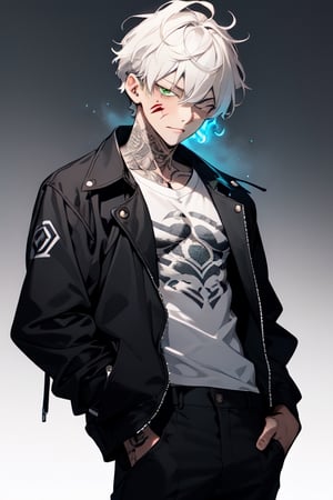 solo, looking at viewer, short hair, bangs, shirt, 1boy, closed mouth, green eyes, jacket, white hair, male focus, open clothes, pants, grey background, open jacket, black jacket, tattoo, glowing, scar, black background,glowing