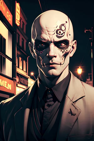 high detail, colorful, sugar skull man, white thin bald man, hitman style, night atmosphere at Halloween