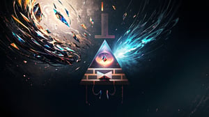 Hyper-detailed abstract art with colorful geometric elements, ((masterpiece with exceptional quality:1.5)), featuring a mesmerizing background composed of vibrant and varied geometric shapes. At the heart of this abstract wonder, Bill Cipher from Gravity Falls takes center stage, adding an enigmatic and surreal twist to the composition, Intricate, mesmerizing, top-tier quality, breathtaking, vibrant, meticulous, awe-inspiring, Geometric precision, ultra-high resolution, intense detail, captivating geometry
