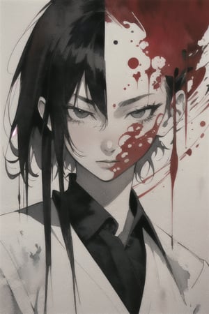 aesthetic, 2 tone, black and white, simplified shapes, figurative, style mix of watercolor, photography, digital art,  brush strokes, dark red color pop, a gorgeous young asian girl, highly detailed , ultra detailed, very intricate, low poly, abstract surreal, Kanji, Katakana, niji style, graffiti style, comics style, anime style 