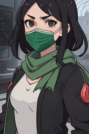 perfect face, perfect facial features, a serious-looking lady with black hair, dark jacket and green scarf, cloth face mask, anime 3d, unreal engine, style expressive