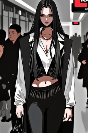 A tall, athletic woman with long, black hair that reaches her waist. I wear a black and white suit that makes me stand out anywhere. My brown eyes look piercing. My physique is toned. I always carry a black handbag.