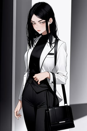 A tall, athletic woman with long, black hair that reaches her waist. I wear a black and white suit that makes me stand out anywhere. My brown eyes look piercing. My physique is toned. I always carry a black handbag.