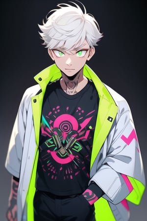 solo, looking at viewer, short hair, bangs, shirt, 1boy, closed mouth, green eyes, jacket, white hair, male focus, open clothes, pants, grey background, open jacket, black jacket, tattoo, glowing, scar, black background,glowing