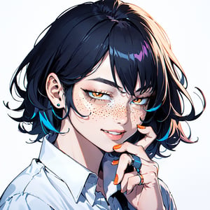 1girl, solo, looking at viewer, smile, short hair, simple background, shirt, long sleeves, jewelry, blue hair, white shirt, multicolored hair, parted lips, teeth, collared shirt, lips, orange eyes, glowing, ring, black background, portrait, freckles, realistic, nose