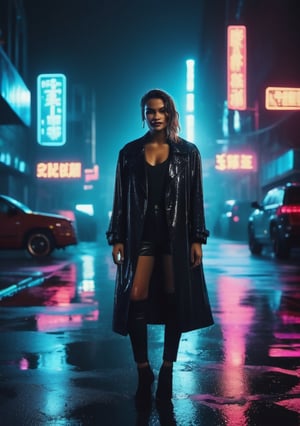 A gangster, mafia boss girl with a sarcastic expression and a maniac smile, standing in a dimly lit city at night, neon lights reflecting off wet pavement, casting an eerie, cinematic glow
