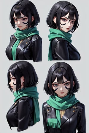 perfect face, perfect facial features, a serious-looking lady with black hair, dark jacket and green scarf, cloth face mask, anime 3d, unreal engine, style expressive