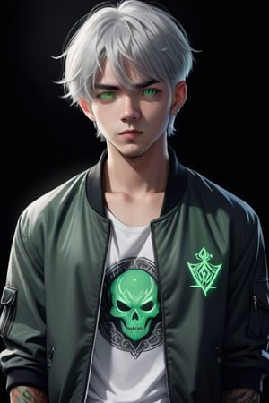 solo, looking at viewer, short hair, bangs, shirt, 1boy, closed mouth, green eyes, jacket, white hair, male focus, open clothes, pants, grey background, open jacket, black jacket, tattoo, glowing, scar, black background,glowing, 