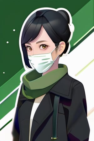 A serious-looking lady with black hair,  dark jacket and green scarf,  cloth face mask,  anime 3d,  unreal engine,  style expressive