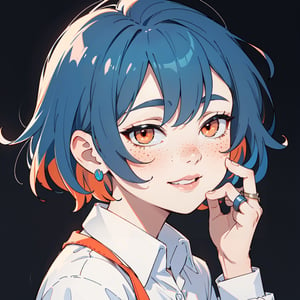 1girl, solo, looking at viewer, smile, short hair, simple background, shirt, long sleeves, jewelry, blue hair, white shirt, multicolored hair, parted lips, collared shirt, lips, neon orange eyes, glowing, ring, black background, portrait, freckles, realistic, nose