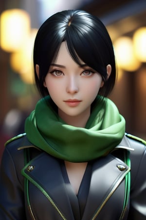 perfect face, perfect facial features, a serious-looking lady with black hair, dark jacket and green scarf, cloth face mask, anime 3d, unreal engine, style expressive