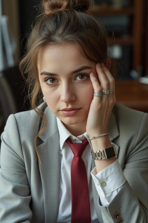 A tired-looking woman with dark circles under her eyes and a serious expression. Her light brown hair is tied back in a messy bun and her brown eyes seem to always be focused on something other than the conversation. She wears a light grey suit jacket and a rumpled white blouse, with a red silk tie that looks a little untied. Her hands are covered in rings and bracelets, and she wears a fancy wristwatch on her left wrist.