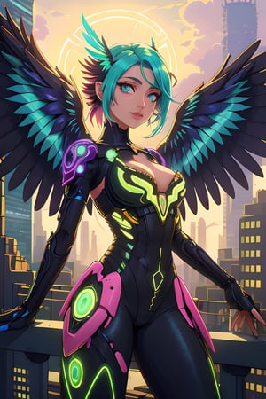 A vibrant and futuristic solarpunk harpy, her wings adorned with intricate circuitry and glowing solar panels, perches atop a decaying skyscraper. The digital painting captures every detail of her metallic feathers and neon-colored eyes, contrasting against the crumbling cityscape below. The artist's skill is evident in the lifelike textures and vibrant colors, drawing the viewer into this post-apocalyptic world.