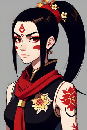 Full-length portrait of ivory-skinned athletic Japanese woman with high ponytail and red scarf, angular features and fierce brown eyes. Toned body covered in Irezumi tattoos, with dragons and flowers on his arms and back. She wears a black outfit and gold accessories, highlighting the beautiful elegance of her bearing.