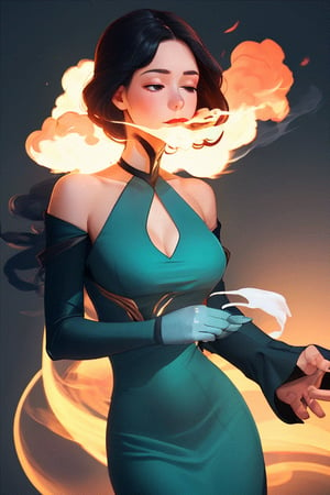 "The smoking dress". A young woman wears a dress that seems to absorb smoke, until her silhouette becomes indistinguishable and only her facial features remain. The smoke moves with the rhythm of her body and creates a sense of mystery, as if she were a magical being that slowly disappears.