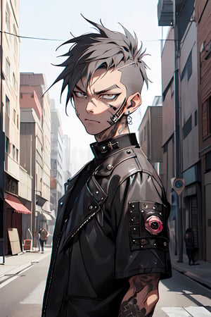 (punk clothing),  (short gray hair),  (short hairstyle),  brown_eyes,  bright eyes,  punk style custom,  (expressive eyes),  sharpest quality,  extremely detailed,  high resolution, 1 man,  (contempt_expression), (free_attitude),  alley of a city background,  bright atmosphere.