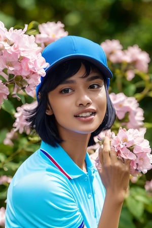 Fascinating photo, high detail RAW, masterpiece, centered, very detailed of a girl in a garden full of flowers and colors, with open, light turquoise eyes, short and classic shiny black hair, small and firm mouth of nuanced natural color , thin and pleasant face, calm and kind expression, friendly and warm smile, average and proportionate body, slender and feminine, soft light brown skin tone, vibrant blue polo shirt, sports cap. epic finish, realistic, hd