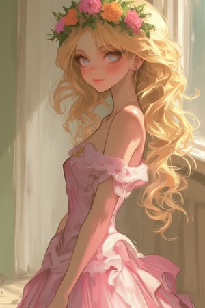 Princess with long, wavy golden hair that falls gently over her shoulders. Her blue eyes shine with a warm, kind light, and her smile can light up an entire room. She wears a pale pink silk dress, adorned with delicate lace, and a crown of fresh flowers on her head. Her figure is slender and elegant, with a regal bearing that makes her stand out anywhere.