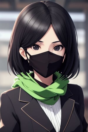 perfect face, perfect facial features, a serious-looking lady with black hair, dark jacket and green scarf, cloth face mask, anime 3d, unreal engine, style expressive