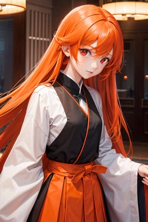 (masterpiece),  1girl,  orange hair,  long hair,  long hair style,  red eyes,  jitome,  traditional uniform,  lineart,(best quality