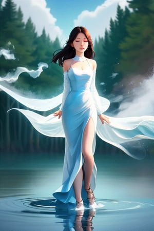 "The vaporous dress": A girl dressed in a delicate long dress, which transforms into a white cloud as she moves. As if she were walking on clouds. The dress ripples like water in the wind, and a faint breeze moves the dress as if it were a ghost in the forest.