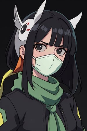 perfect face, perfect facial features, a serious-looking lady with black hair, dark jacket and green scarf, cloth face mask, anime 3d, unreal engine, style expressive