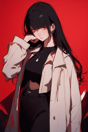 1girl, solo, long hair, looking at viewer, bangs, skirt, shirt, black hair, red eyes, long sleeves, cleavage, collarbone, jacket, white shirt, cowboy shot, open clothes, black skirt, coat, black jacket, red background, pencil skirt, hand in own hair, hand on own head,tarot,portrait