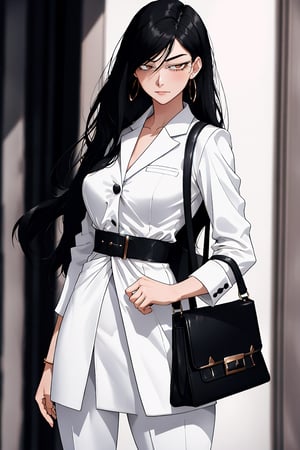 A tall, athletic woman with long, black hair that reaches her waist. I wear a black and white suit that makes me stand out anywhere. My brown eyes look piercing. My physique is toned. I always carry a black handbag.