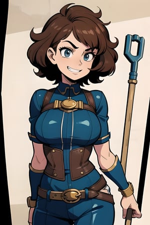 masterpiece, highly detailed character design, comic book style, perfectly centered, steampunk female engineer with goggles pushed up onto a messy mop of curly hair, Highly detailed body, Perfect arms, Tools dangle from belts, a trusty wrench is clutched in one hand, a mischievous grin, maximum details, highly detailed, sharp focus, intricate details