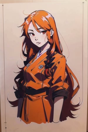 (masterpiece),  1girl,  orange hair,  long hair,  long hair style,  red eyes,  jitome,  traditional uniform,  lineart,(best quality