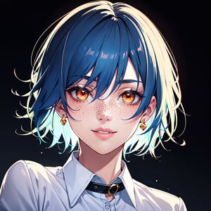 1girl, solo, looking at viewer, smile, short hair, simple background, shirt, long sleeves, jewelry, blue hair, white shirt, multicolored hair, parted lips, collared shirt, lips, neon orange eyes, glowing, ring, black background, portrait, freckles, realistic, nose