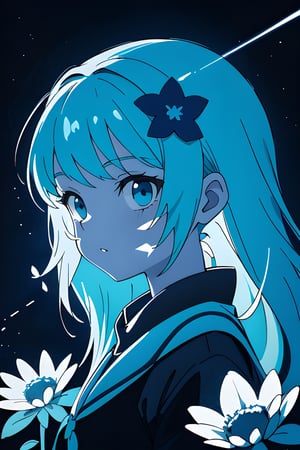 a beautiful girl with blue flowers on her face,  in the style of monochromatic paintings,  dark sky-blue and dark navy,  dark sky-blue and dark white,  multilayered realism,  luminous shadowing,  anime-inspired,  elegant outlines