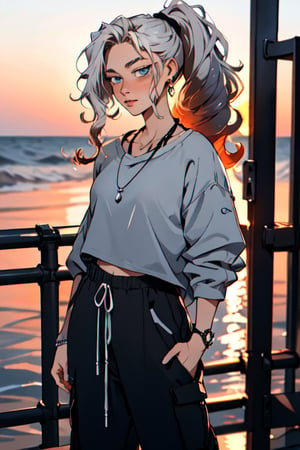 French girl,grey blonde hair(very long hair, curly_hair),long ponytail,hiphop dancer,wearing all black clothes (loose fit top and wide cargo pants),sneakers,accessories(necklace,ear_rings), standing in the sea,horizon,seaside,vivid sea color,red lighthouse,sunset,Best Quality, 32k, photorealistic, ultra-detailed, finely detailed, high resolution, perfect dynamic composition, beautiful detailed eyes, sharp-focus, cowboy_shot, 