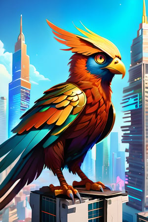 A vibrant and futuristic solarpunk harpy, enigmatic eyes, her wings adorned with intricate circuitry and glowing solar panels, perches atop a decaying skyscraper. The digital painting captures every detail of her metallic feathers and neon-colored eyes, contrasting against the crumbling cityscape below. The artist's skill is evident in the lifelike textures and vibrant colors, drawing the viewer into this post-apocalyptic world.