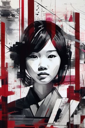 aesthetic, 2 tone, black and white, simplified shapes, figurative, style mix of acrylic painting, watercolor, oil painting, photography, digital art,   brush strokes, dark red color pop, a gorgeous young asian girl, highly detailed , ultra detailed, very intricate, low poly, abstract surreal, Kanji , Katakana ,  niji style, graffiti style,  comics style, anime style 