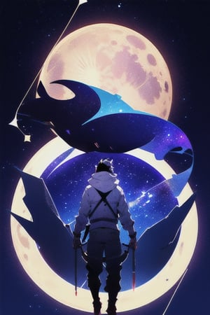 solo,  1boy,  yellow eyes,  upper body,  weapon,  male focus,  sky,  animal,  moon,  star \(sky\),  full moon,  starry sky,  dog,  space,  planet,  weapon on back,  shiba inu,Concept art