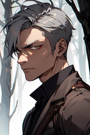 (Elegant clothing),  (short gray hair),  (short hairstyle),  brown_eyes,  bright eyes,  hunter style custom,  (Assassin's eyes),  sharpest quality,  extremely detailed,  high resolution, 1 man,  (satisfied_expression), (agresive_attitude),  dark forest background,  bright atmosphere.