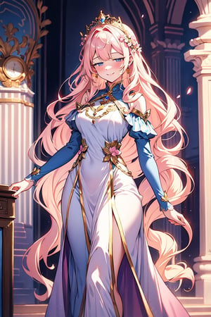 Princess with long, wavy golden hair that falls gently over her shoulders. Her blue eyes shine with a warm, kind light, and her smile can light up an entire room. She wears a pale pink silk dress, adorned with delicate lace, and a crown of fresh flowers on her head. Her figure is slender and elegant, with a regal bearing that makes her stand out anywhere.